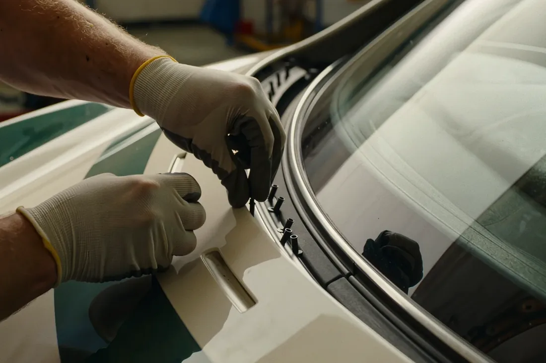 Gloved hands fitting the cowl trim along the lower edge of a newly installed windshield