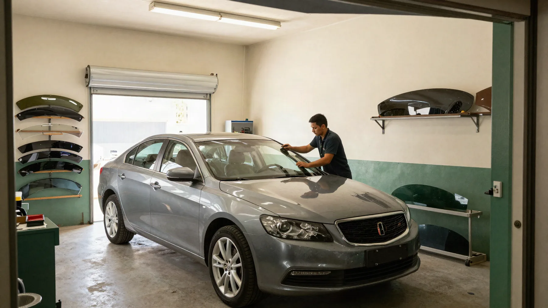Auto glass technician fitting a new windshield to a sedan in the Aviv Glass & Mirror shop bay in Brooklyn, windshields racked on the wall behind